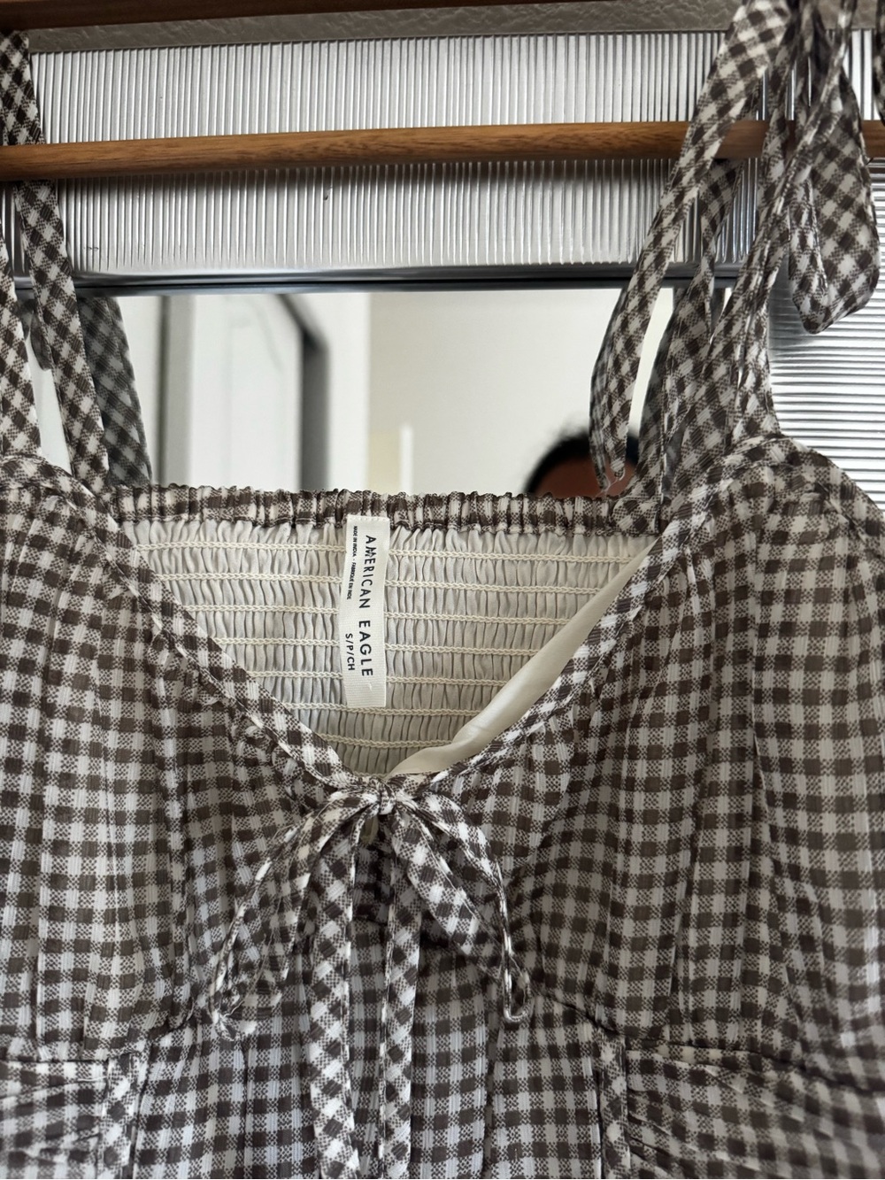 American Eagle  Brown Gingham Tie-Shoulder Peplum Cami - Picture 2 of 5